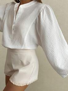 DAZY Women's Stand Collar Half-Placket Loose Lantern Sleeve Shirt - White - View 9