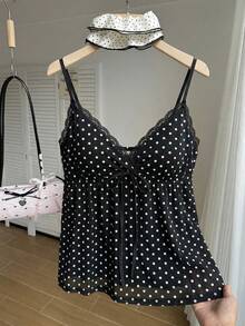 SHEIN EZwear 大码女式波点印花性感撞色蕾丝吊带背心可爱低胸吊带衫波点上衣吊带衫，外出上衣波点吊带衫可爱黑色上衣 - 黑與白 - 查看 9