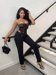 Alexandranx Bộ đồ liền thân lưới chắp vá gợi cảm cho nữ - màu đen - Xem 3