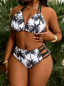 Slaydiva Plus Size Two-Tier Coconut Tree Print Tie-Front Sexy Summer Beach Bikini Set - Black and White - View 4