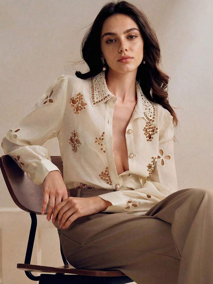 Anewsta Women's Romantic High-End Lace Collar Rhinestone Hollow Long Sleeve Blouse, Suitable For Dating And Commuting, Spring/Summer - Apricot - View 1