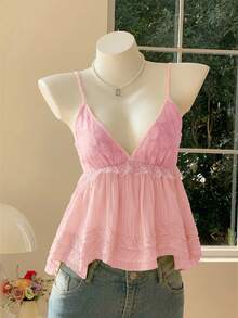 Comfortcana Camiseta de tirantes casual de unicolor con ribete de encaje para mujer - Rosa - Ver 8