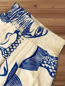 SHEIN PETITE 女士休闲度假杏色底大鱼印花腰部抽绳阔腿裤，春夏款 - 彩色 - 查看 4