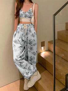 Pariaura Petite 2 Stücke/Set Damen Blumen Muster Crop Top und Hohe Taille Weite Bein Hose 2 Teiliges Set lässig Outfit für Frauen 2 Stücke Outfit - Schwarz - Übersicht 6
