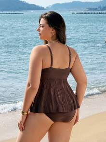 Swim Lushoire 大码吊带比基尼，采用波浪形面料，成熟简约的欧美风格泳装 - 棕色 - 查看 2