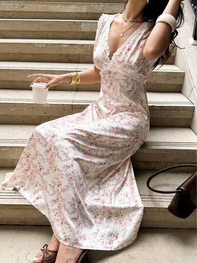 Cévolie Đầm nữ in hoa cổ chữ V sâu, kiểu dáng đi nghỉ mát.