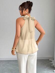 Elenzga Plus Size Women's Elegant Round Neck Ruffle Hem Blouse, Spring/Summer - Khaki - View 2