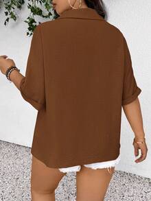 SHEIN Frenchy Women Plus Size Front Open Textured Short Sleeve Blouse,Chocolate Brown,Autumn,Boho,Vacation,Holiday Comfortable Casual Summer Elegant Spring Tops - Maroon - View 2