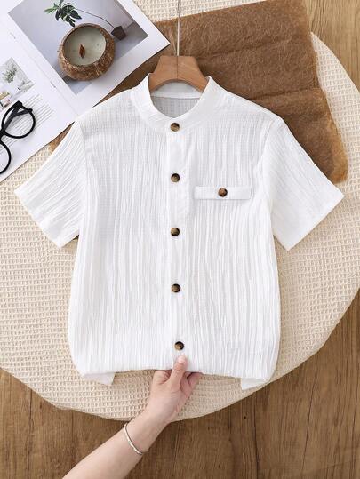 Mirajuku 1pc Summer New Minimalist White Vertical Striped Textured Short Sleeve Shirt, Loose Fit Stand Collar Casual Versatile High-End Blouse