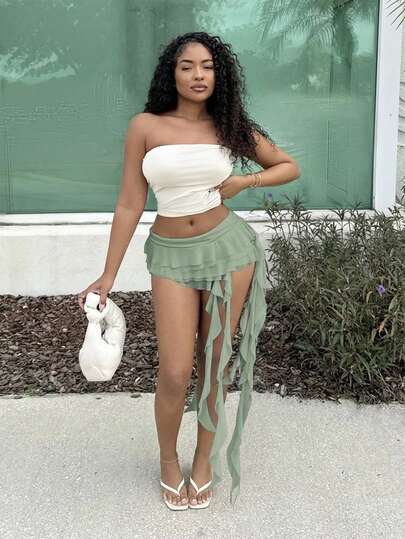 Alexandranx 纯色粉色低腰分层荷叶边不对称下摆优雅甜美裙，沙滩度假裙，浪漫荷叶边裙，优雅裙，夏季裙子