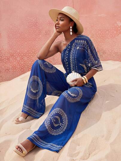 Zivah 2026 Women's Casual Beach Vacation Sheer Chiffon Coverup With Underwater Animal & Print, Pants Style