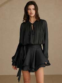 Vestido con cuello de corbata de satén brillante, diseño de cintura suelta, falda de manga larga, estilo retro elegante, adecuado para fiestas de lujo y ocasiones casuales - Negro - Ver 4