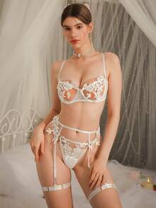 SHEIN Spicy Aura 女士撞色蕾丝镂空性感内衣套装 - 白色 - 查看 3