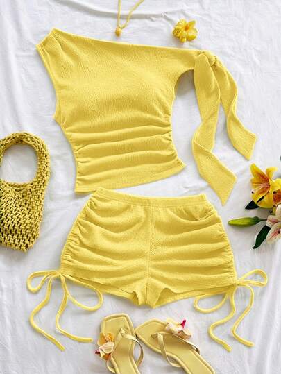 Soleia Spring/Summer New Casual Vacation Western Beach Wedding Guest Attire Graduation Brunch St. Patrick's Day Spring Break Easter Music Festival Elegant Bohemian Tropical Chic Knit Texture Green Asymmetric-Shoulder Tie-Up Drawstring One Shoulder 2-Piece Set For Women