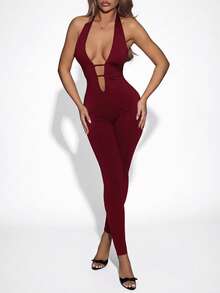 SHEIN ICON Bộ áo liền quần hở lưng cổ yếm màu trơn dành cho nữ - Màu Đỏ Sâu - Xem 5