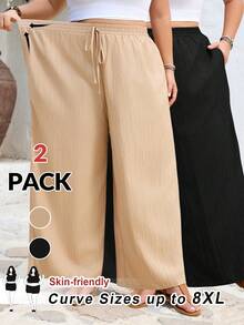 SHEIN CURVE+ Curve 尺码 US22 音乐节、海滨度假、波西米亚风两件套休闲纹理褶皱面料基础直筒裤，略微透视 - 彩色 - 查看 12