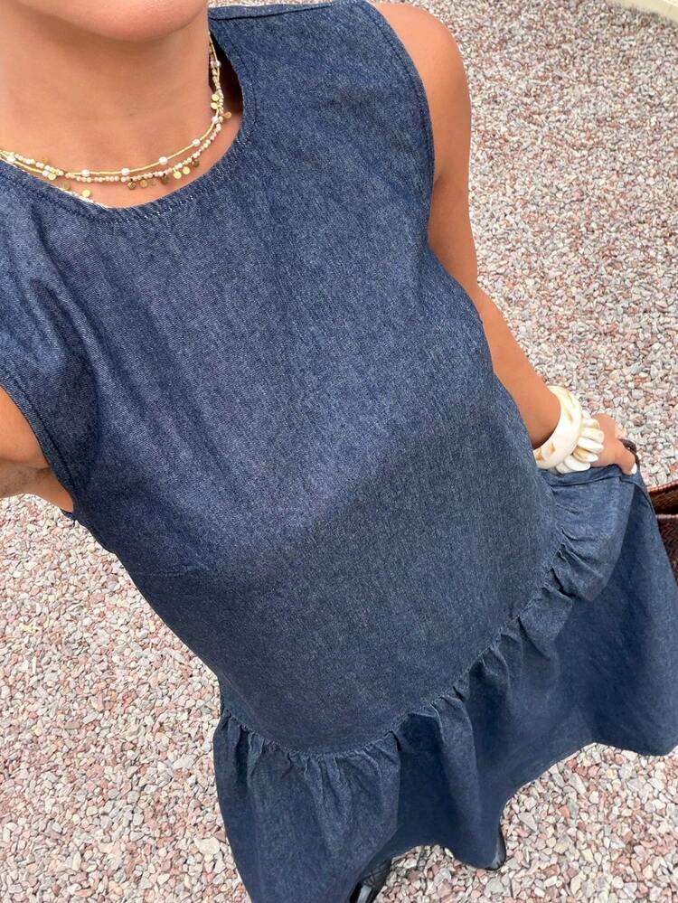 Women's Sleeveless Patchwork A-Line Denim Dress, Suitable For Spring And Summer