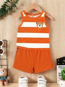 SHEIN Playful Pals Set 2pcs/Set Baju Bayi Laki-laki Motif Beruang Lucu & Garis-garis, Rompi Leher Bulat + Celana Pendek Oranye, Cocok Untuk Beraktivitas di Musim Panas - MultiWarna - View 4