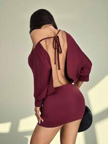 SHEIN PETITE Women's Sexy Solid Color Asymmetric Neck Backless Mini Dress - Burgundy - View 2