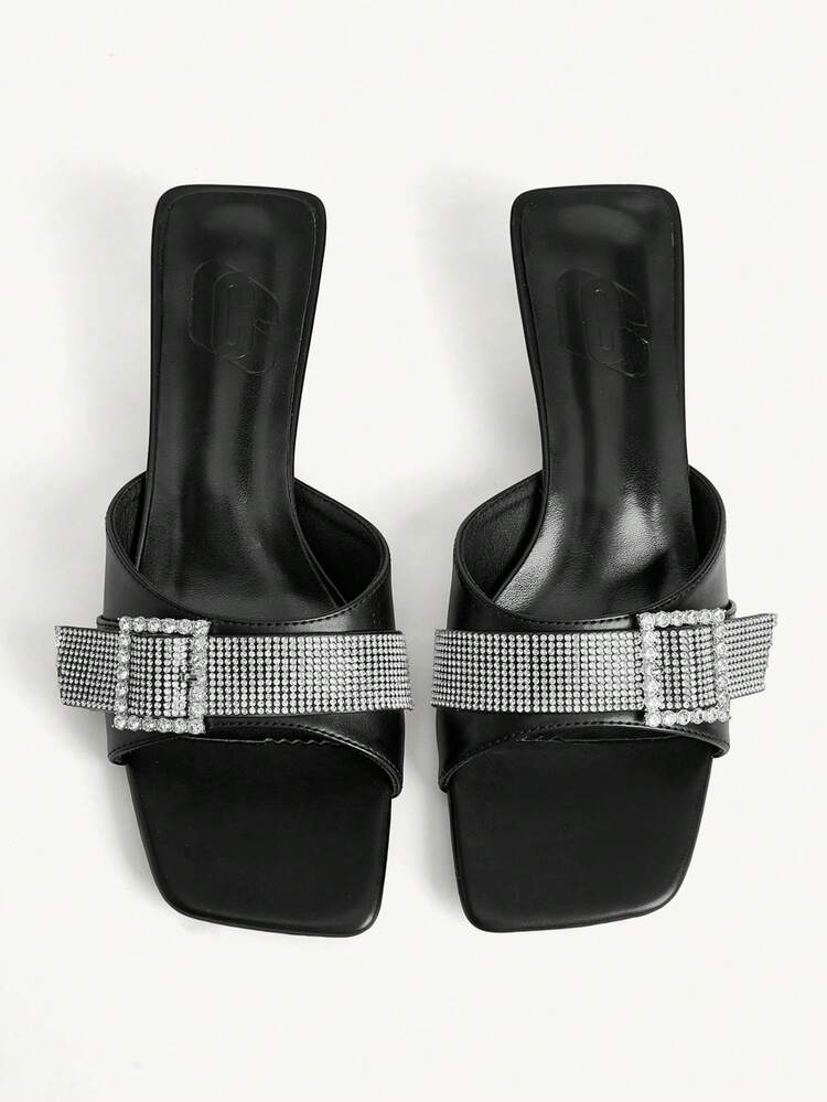 CUCCOO CHICEST Black Rhinestone Square Buckle Square Toe Thin Heel And High Heel Women's Sandals.