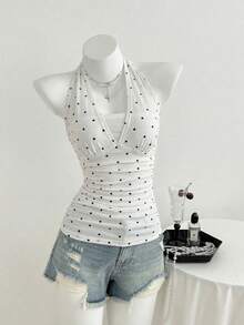 女士夏季黑色极简波点性感露背V领网纱系带吊带衫 - 白色 - 查看 4