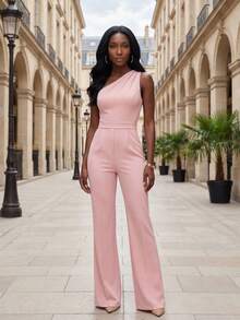 Women's Oblique Shoulder Ruched Wide Leg Pants With Pockets, Practical Commuting Jumpsuit For Spring/Summer - Pink - View 7