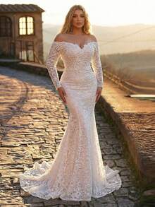 Glamrae Đầm maxi dáng đuôi cá sang trọng, thanh lịch, cỡ lớn, đính ngọc trai, tay áo ren xuyên thấu, có đuôi dài, thích hợp cho đám cưới, tiệc tùng, kỳ nghỉ, dạ hội, lễ hội. - trắng - Xem 6