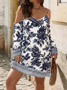 Breezaya Plus Size Women Floral Print Off Shoulder Long Sleeve Loose Maxi Dress - Multicolor - View 3