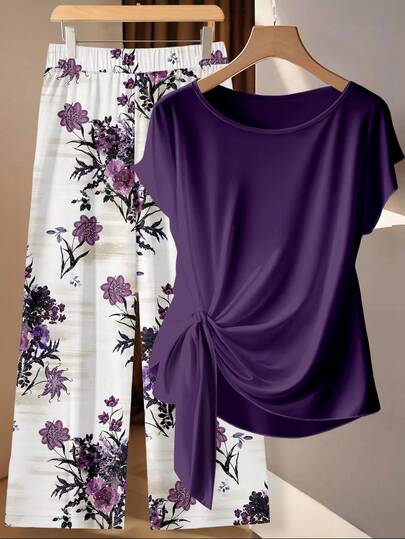 EMERY ROSE Women's Purple Floral Contrast Color Tie Bow Blouse And Straight Leg Loose Pants 2 Pieces Set,Casual