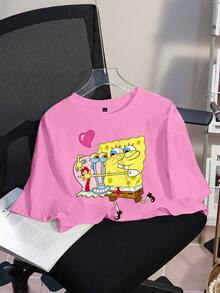 SpongeBob SquarePants | SHEIN Áo thun nữ tay ngắn cổ tròn dáng lửng, kiểu dáng thường ngày. - Hồng - Xem 1