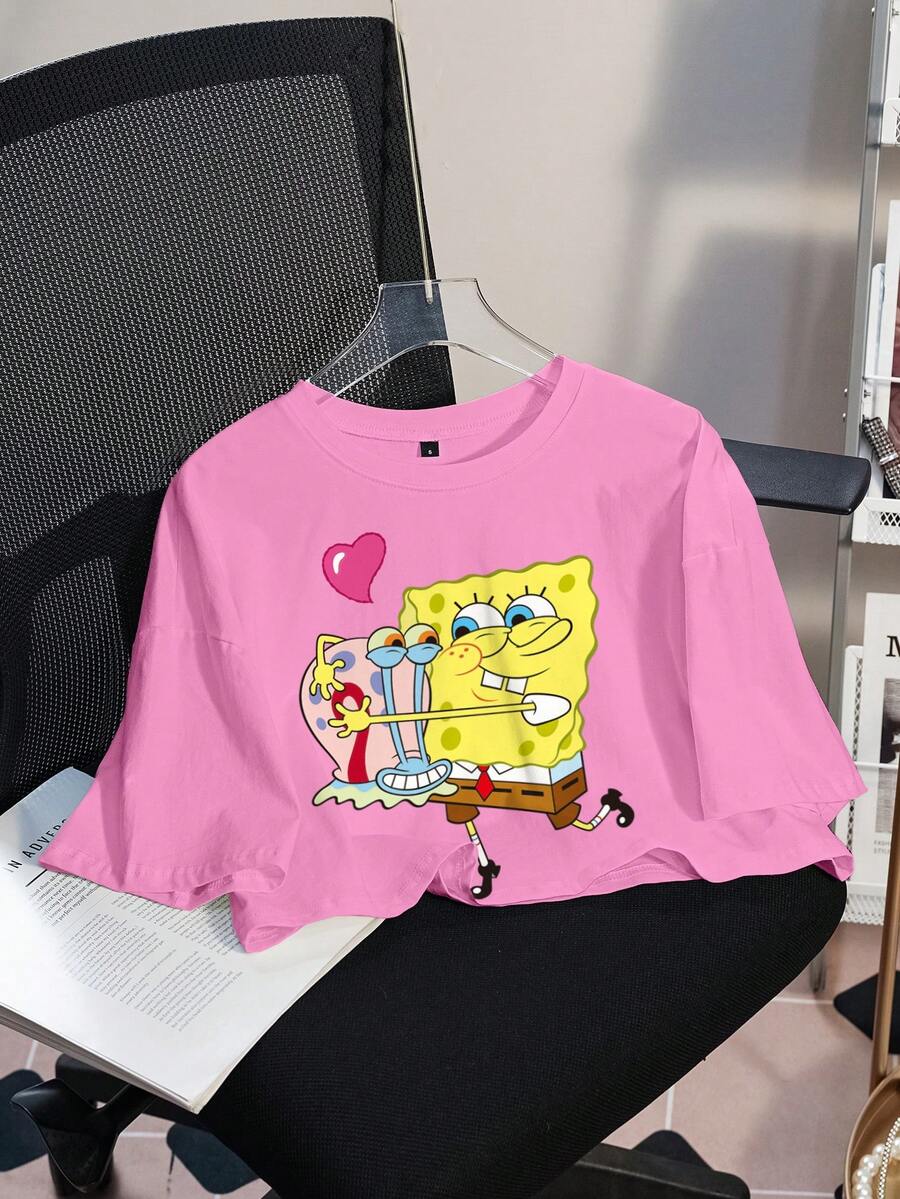 SpongeBob SquarePants | SHEIN Áo thun nữ tay ngắn cổ tròn dáng lửng, kiểu dáng thường ngày. - Hồng - Xem 1