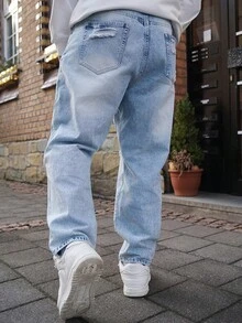 LEOGASHI LEOGASHI Men's Loose Fit Ripped Washed Denim Jeans - Light Wash - View 2