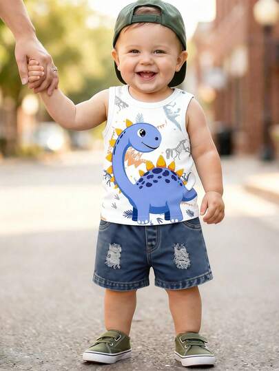 2pcs Baby Boy Outfit, Cute Casual Dinosaur Print Vest Top And Shorts Set, Suitable For Summer Outings