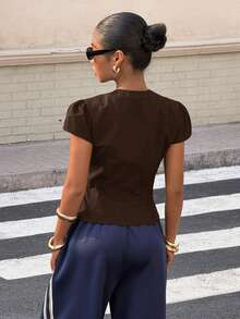 Muchica 巧克力棕色梭织女式短袖休闲衬衫 - 巧克力棕 - 查看 2