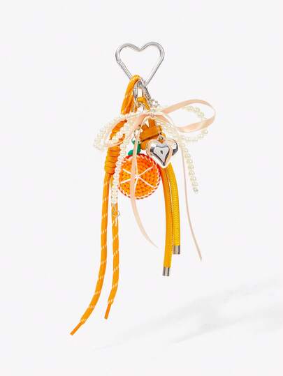 Viva Strut 1 Orange Ribbon Bow Pearl Bow Heart Pendant Hand Crochet Fruit Rope Pendant, Suitable For Vacation, Beach, Summer, Seaside