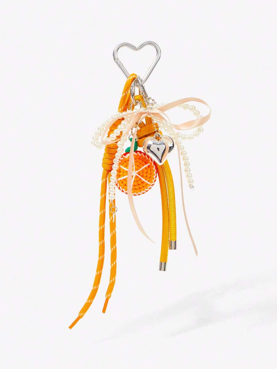 Viva Strut 1 Orange Ribbon Bow Pearl Bow Heart Pendant Hand Crochet Fruit Rope Pendant, Suitable For Vacation, Beach, Summer, Seaside - Orange - View 1