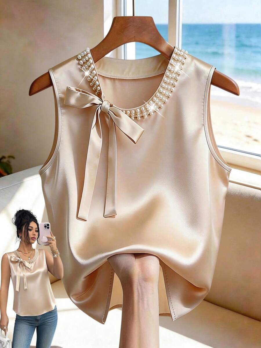 Franclia Áo sơ mi nữ mùa xuân hè thanh lịch, màu trơn, cổ bẻ, đính ngọc trai, trang trí ngọc trai ở cổ áo và nơ, chất liệu vải satin bóng mượt, trang phục mùa xuân hè, áo sơ mi thanh lịch thời trang thường ngày, áo sơ mi nữ, trang phục mùa xuân hè, trang phục ngoài trời