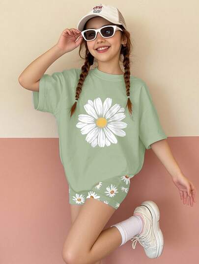 Tween Girl Casual Loose Daisy Print Short Sleeve Round Neck T-Shirt And Shorts 2-Piece Set, Suitable For Summer