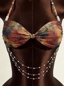 Zestiva 3pcs/Set Summer Hot Selling Beach Vacation Animal Print Knotted Pearl Decor Halter Top + Animal Print Side Drawstring Ruffle Hem Skirt + Animal Print Triangle Bikini Bottom - Multicolor - View 6