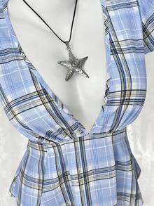 Sunspun 大码复古粉色格子衬衫，可爱修身格子条纹休闲舒适衬衫 - 淺藍色 - 查看 6