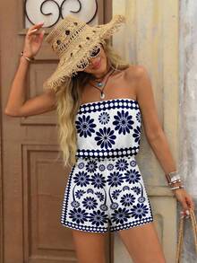 Brillora Phong cách giản dị, tối giản, bohemian, thanh lịch, cổ điển, màu xanh hải quân, họa tiết hoa, trang phục đi biển, trang phục nghỉ mát, trang phục mùa hè cho nữ, áo liền quần không dây, thắt eo cho nữ - trắng - Xem 5