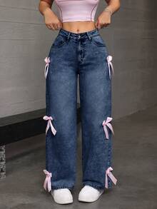 SHEIN EZwear Women's Bow Decor Raglan Wide Leg Casual Cute Jeans Back-To-School School Navy Blue Summer - Blue - View 3