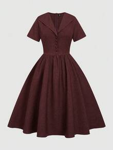 Sweetra 大码复古优雅收腰中长连衣裙 - 酒紅色 - 查看 1
