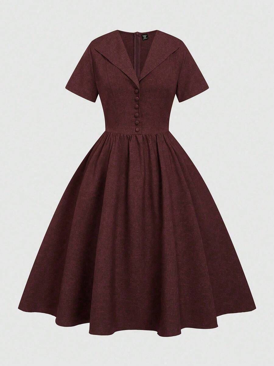 Sweetra 大码复古优雅收腰中长连衣裙 - 酒紅色 - 查看 1