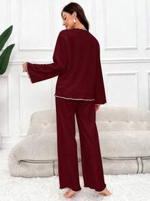SHEIN 女士单排扣长袖上衣和裤子休闲睡衣套装 - 酒紅色 - 查看 2