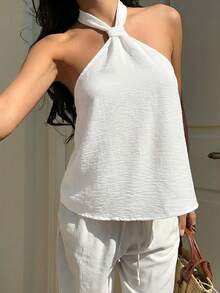 SHEIN EZwear 女士白色编织休闲度假露背上衣 - 白色 - 查看 6