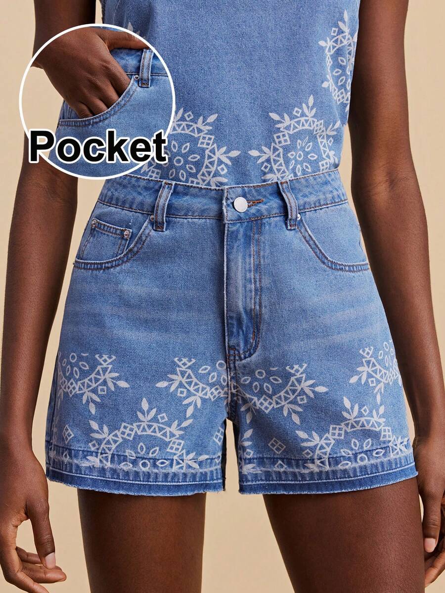 Travachic Pantalones cortos vaqueros casuales y holgados con bolsillos y estampado de plantas para mujer - Lavado ligero - Ver 1