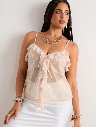Freevana Áo hai dây buộc eo đính sequin cỡ lớn