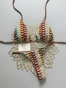 Swim SXY Bộ bikini hai mảnh bằng vải dệt họa tiết, kiểu yếm cổ, kèm mặt dây chuyền vàng, đồ bơi gợi cảm cho nữ mùa hè đi biển. - Nhiều màu - Xem 2