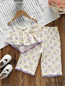 SHEIN LMoss Kids 女婴可爱甜美碎花印花吊带背心，荷叶边装饰，搭配松紧腰短裤套装，休闲舒适，适合夏季度假 - 紫色 - 查看 2